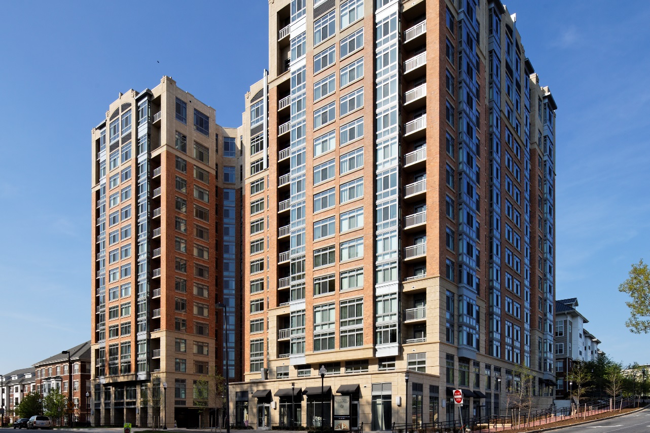 Exterior view of The Meridian at Grosvenor Station, a multi-story residential building featuring detailed masonry work completed by JD Long Masonry.